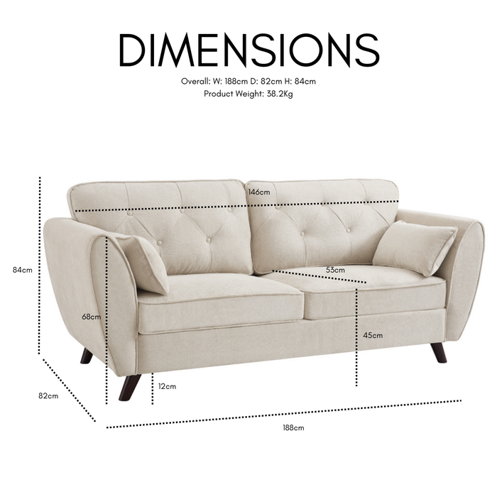 Monroe 3 Seater Sofa, Cream Linen