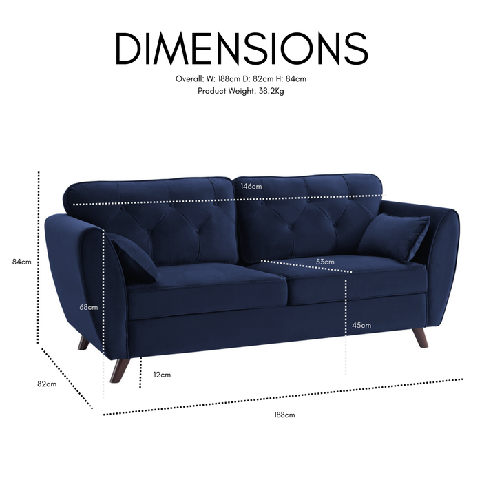 Monroe 3 Seater Sofa, Blue Velvet