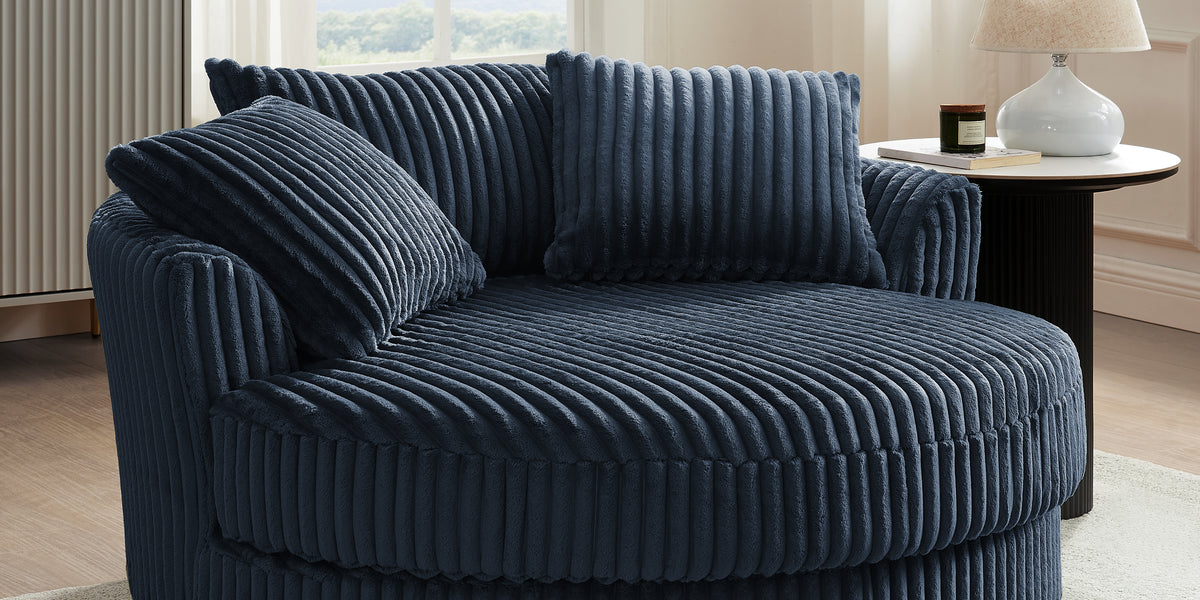 Skyler Swivel Loveseat Blue Teddy Jumbo Cord Home Detail UK