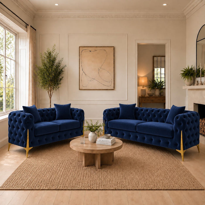 Jasper 2+3 Chesterfield Sofa Set, Dark Blue Velvet