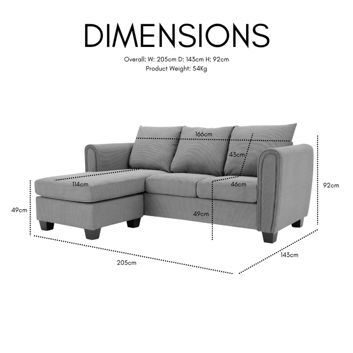 Halena 3 Seater Sofa With Reversible Chaise, Grey Cord