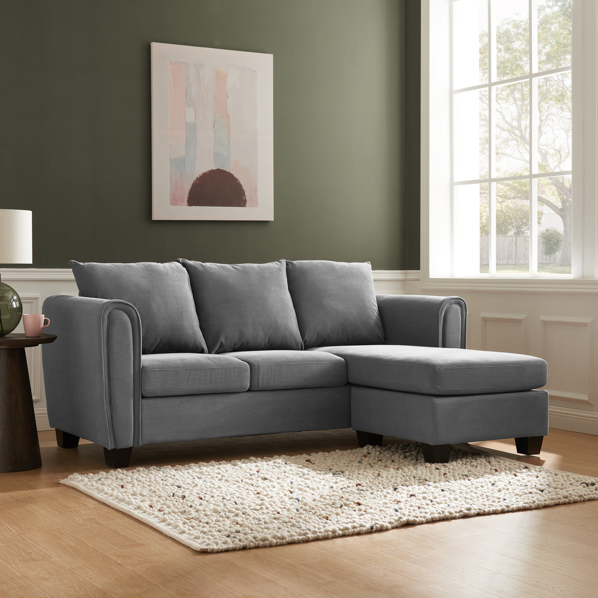 Halena 3 Seater Sofa With Chaise - Grey Cord | Home Detail UK