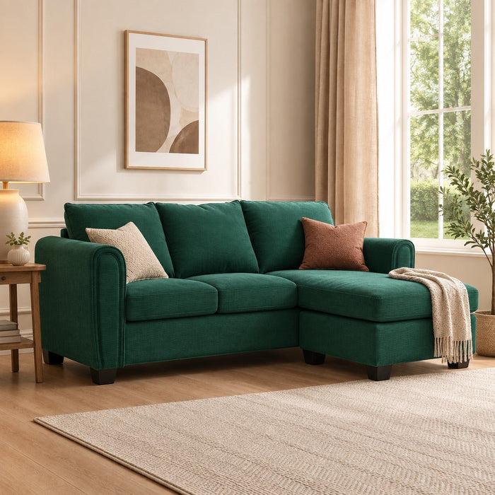 Halena 3 Seater Sofa With Reversible Chaise, Green Cord