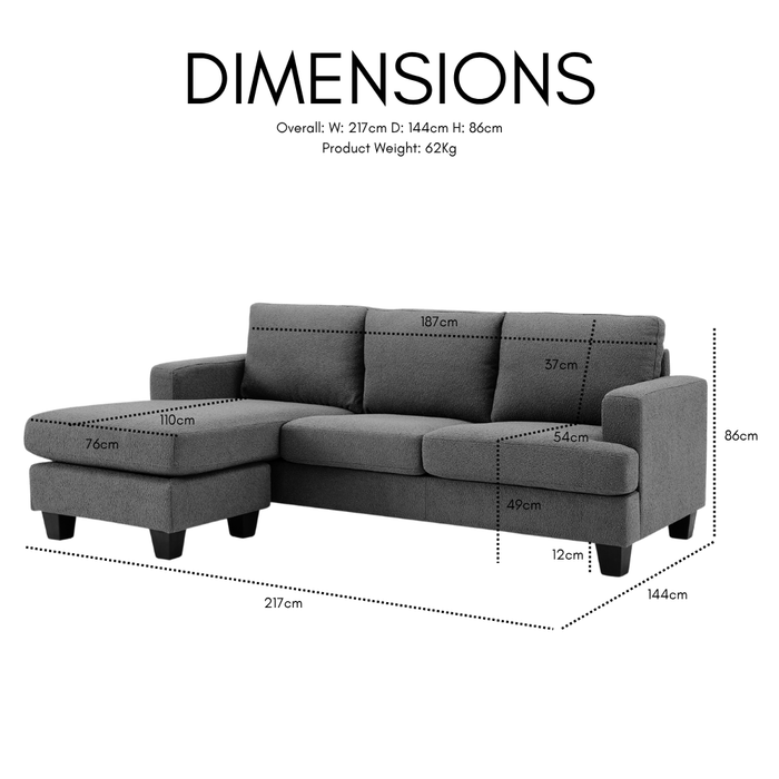 Hazel 3 Seater Reversible Chaise Sofa, Grey Boucle Fabric