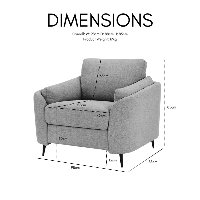 Jack 1 Seater Armchair With Metal Legs, Light Grey Boucle Fabric