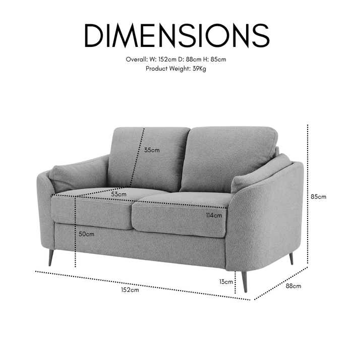 Jack 2 Seater Sofa With Metal Legs, Light Grey Boucle Fabric