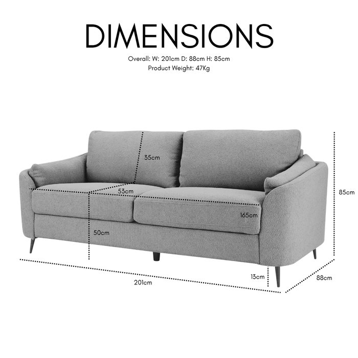 Jack 3 Seater Sofa With Metal Legs, Dark Grey Boucle Fabric