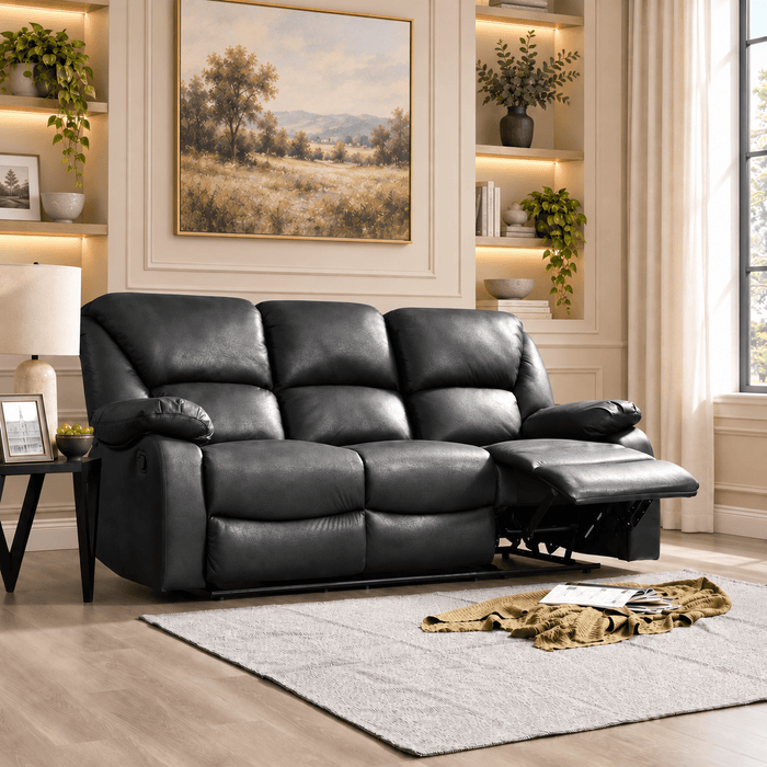 Enoch 3 Seater Recliner Sofa, Black Faux Leather