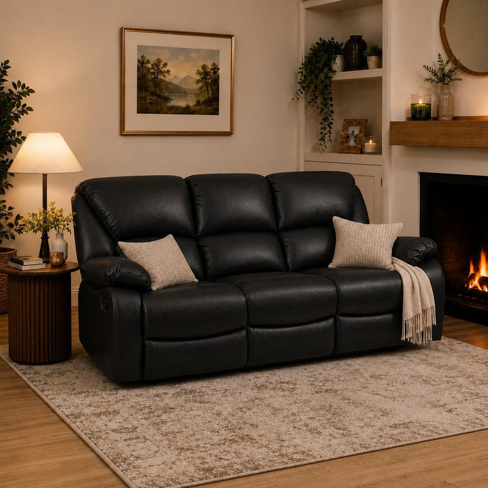Enoch 3 Seater Recliner Sofa, Black Faux Leather