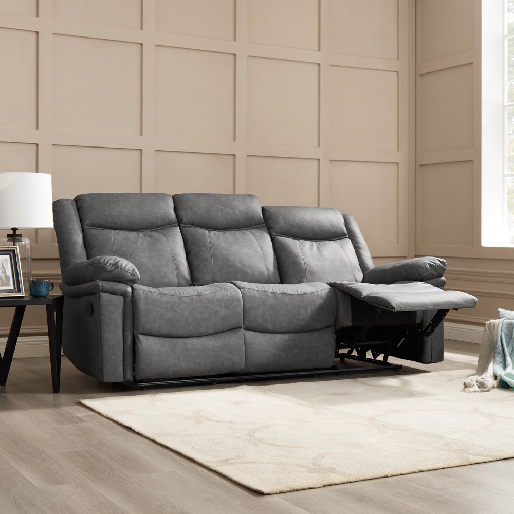 Rowan 3 Seater Manual Recliner Sofa - Grey Faux Leather | Home Detail UK