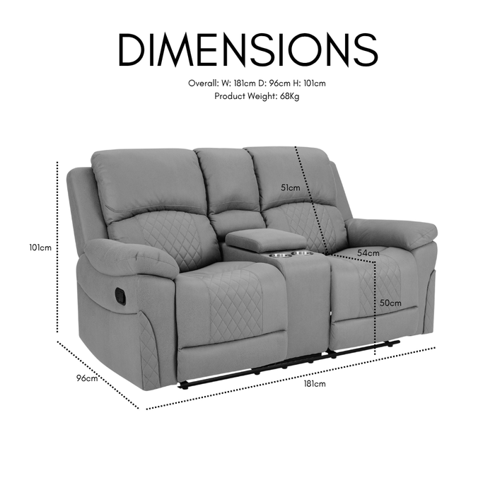 Darius 2 Seater Manual Recliner Sofa With Centre Console, Dark Grey Air Leather