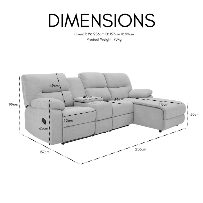 Jacob 3 Seater Manual Recliner Sofa With Right Hand Chaise and Centre Console, Dark Grey Linen Fabric