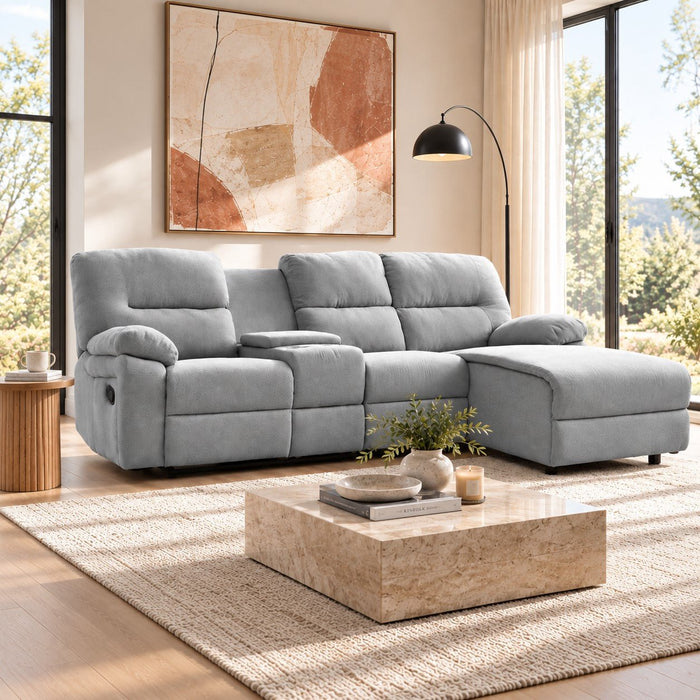 Jacob 3 Seater Manual Recliner Sofa With Right Hand Chaise and Centre Console, Light Grey Linen Fabric