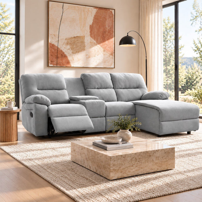 Jacob 3 Seater Manual Recliner Sofa With Right Hand Chaise and Centre Console, Light Grey Linen Fabric