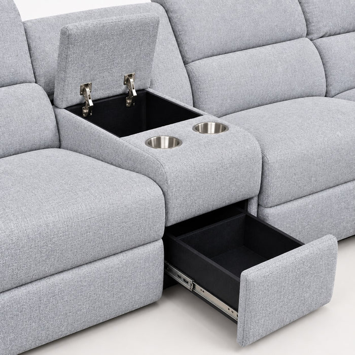 Jacob 3 Seater Manual Recliner Sofa With Right Hand Chaise and Centre Console, Light Grey Linen Fabric