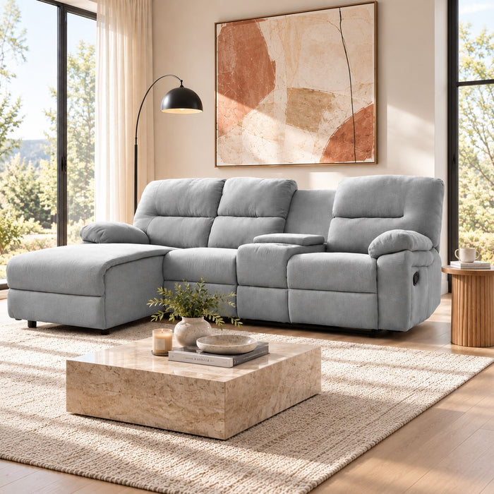 Jacob 3 Seater Manual Recliner Sofa With Left Hand Chaise and Centre Console, Light Grey Linen Fabric