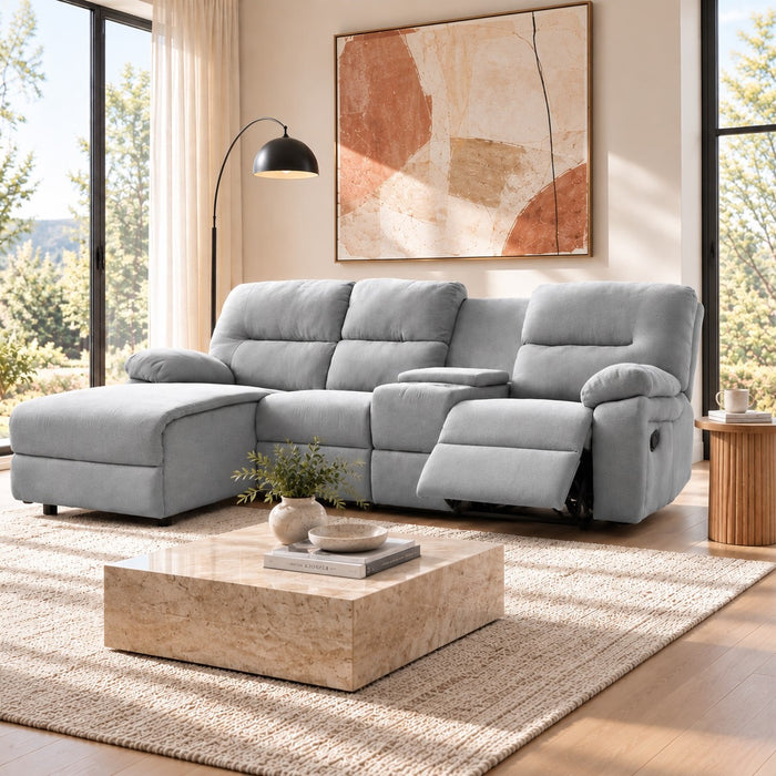 Jacob 3 Seater Manual Recliner Sofa With Left Hand Chaise and Centre Console, Light Grey Linen Fabric
