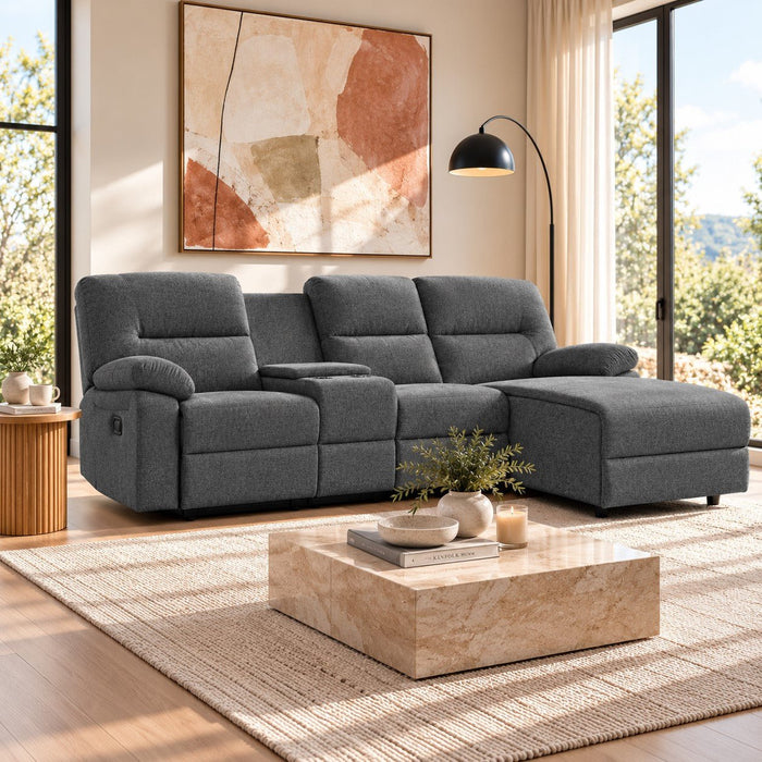 Jacob 3 Seater Manual Recliner Sofa With Right Hand Chaise and Centre Console, Dark Grey Linen Fabric