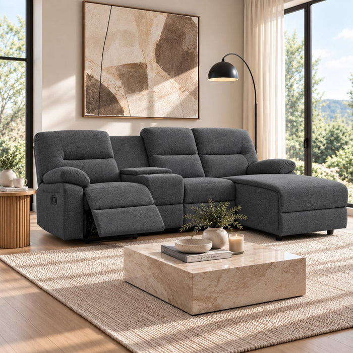 Jacob 3 Seater Manual Recliner Sofa With Right Hand Chaise and Centre Console, Dark Grey Linen Fabric