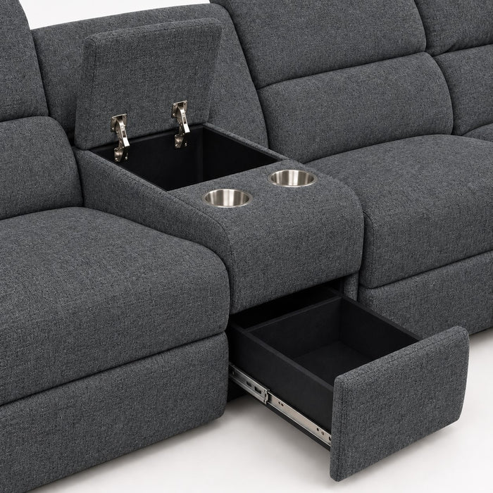 Jacob 3 Seater Manual Recliner Sofa With Right Hand Chaise and Centre Console, Dark Grey Linen Fabric