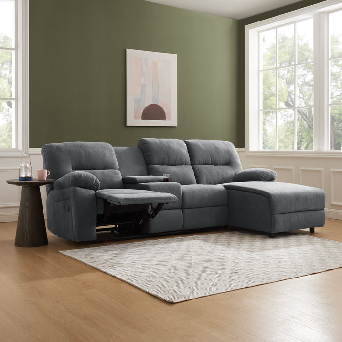 Jacob 3 Seater Manual Recliner Sofa With Right Hand Chaise and Centre Console, Dark Grey Linen Fabric