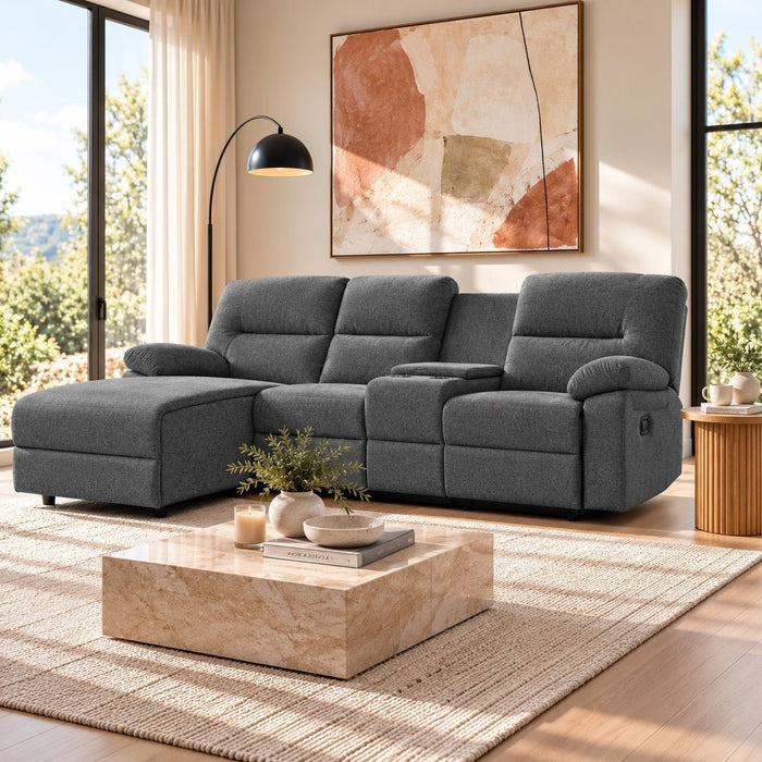 Jacob 3 Seater Manual Recliner Sofa With Left Hand Chaise and Centre Console, Dark Grey Linen Fabric