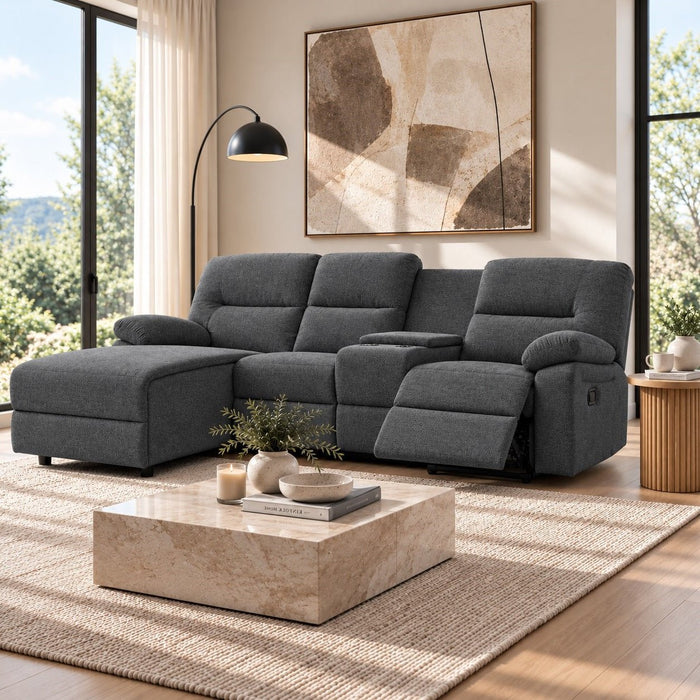 Jacob 3 Seater Manual Recliner Sofa With Left Hand Chaise and Centre Console, Dark Grey Linen Fabric