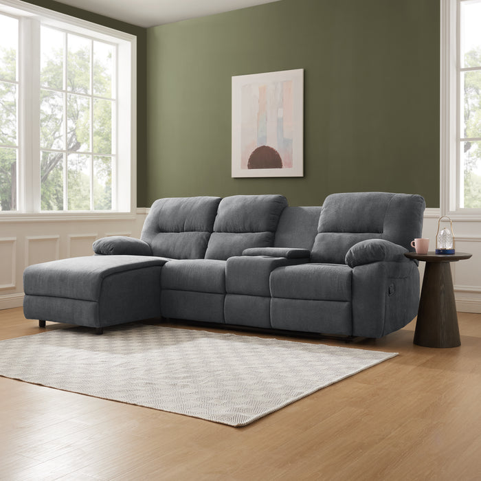 Jacob 3 Seater Manual Recliner Sofa With Left Hand Chaise and Centre Console, Dark Grey Linen Fabric