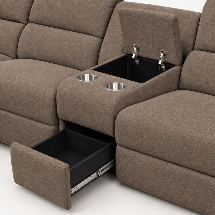 Jacob 3 Seater Manual Recliner Sofa With Left Hand Chaise and Centre Console, Brown Linen Fabric