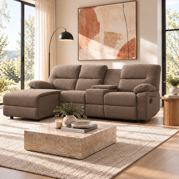 Jacob 3 Seater Manual Recliner Sofa With Left Hand Chaise and Centre Console, Brown Linen Fabric