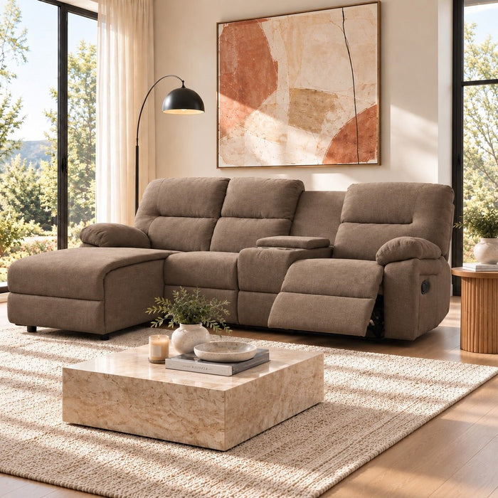 Jacob 3 Seater Manual Recliner Sofa With Left Hand Chaise and Centre Console, Brown Linen Fabric