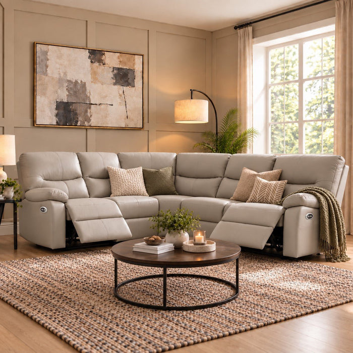 Benton 5 Seater Corner Electric Recliner Sofa, Light Grey Faux Leather