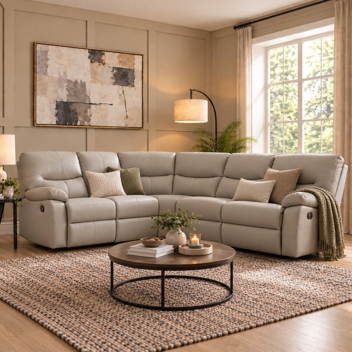Benton 5 Seater Corner Electric Recliner Sofa, Light Grey Faux Leather