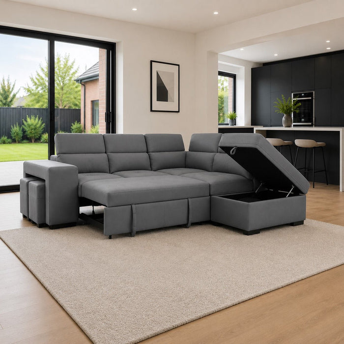 Scarlett Right Hand Corner Sofa With Pull Out Sofa Bed, Adjustable Headrest, Storage and Footstools, Grey Air Leather