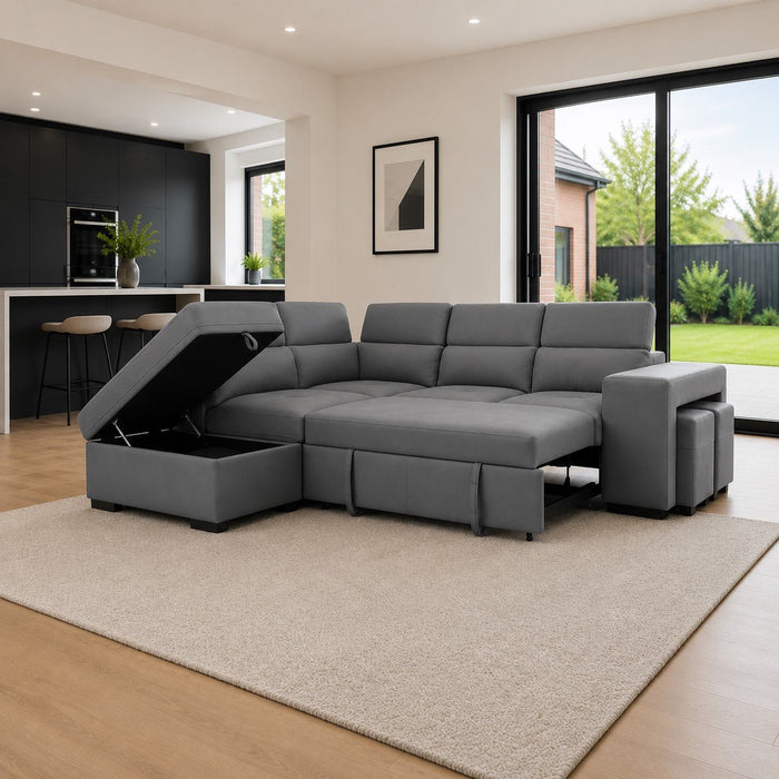 Scarlett Left Hand Corner Sofa With Pull Out Sofa Bed, Adjustable Headrest, Storage and Footstools, Grey Air Leather