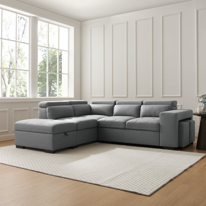 Scarlett Left Hand Corner Sofa With Pull Out Sofa Bed, Adjustable Headrest, Storage and Footstools, Grey Air Leather