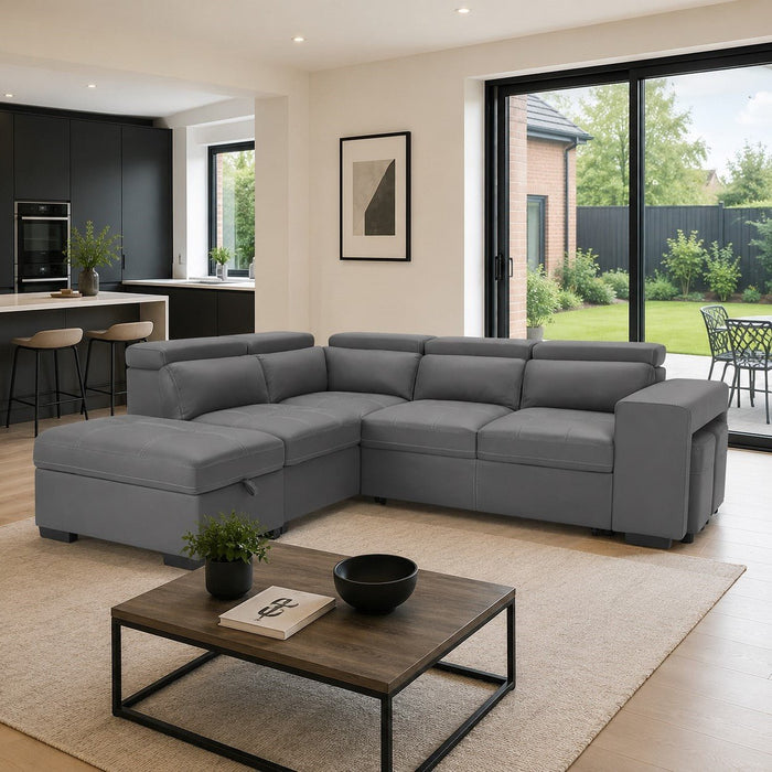 Scarlett Left Hand Corner Sofa With Pull Out Sofa Bed, Adjustable Headrest, Storage and Footstools, Grey Air Leather