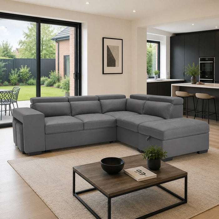 Scarlett Right Hand Corner Sofa With Pull Out Sofa Bed, Adjustable Headrest, Storage and Footstools, Grey Air Leather