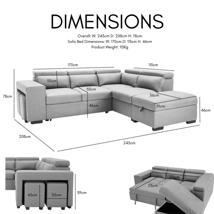 Scarlett Right Hand Corner Sofa With Pull Out Sofa Bed, Adjustable Headrest, Storage and Footstools, Grey Air Leather
