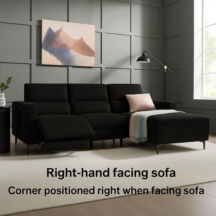 Ezra Power Recliner Sofa With Right Hand Chaise, Black Velvet