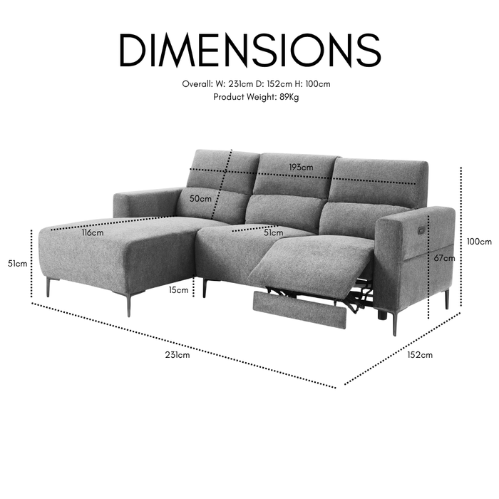 Ezra Power Recliner Sofa With Left Hand Chaise, Dark Blue Linen