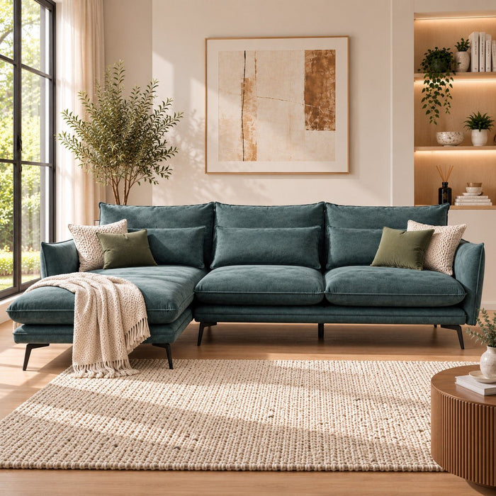 Savoy 4 Seater Corner Sofa Left Hand Chaise, Petrol Blue Velvet