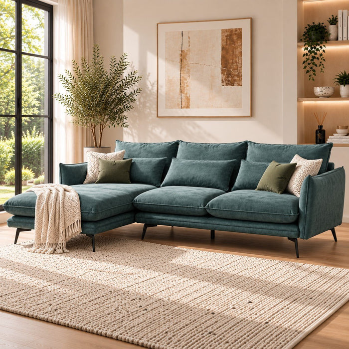 Savoy 4 Seater Corner Sofa Left Hand Chaise, Petrol Blue Velvet