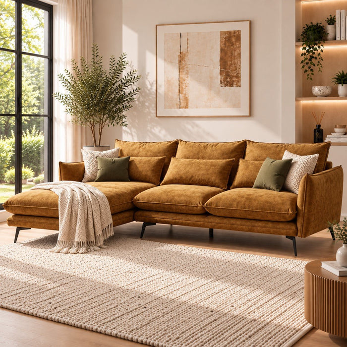 Savoy 4 Seater Corner Sofa Left Hand Chaise, Gold Velvet