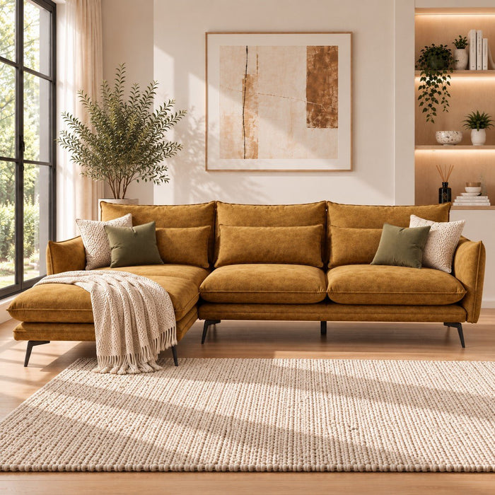 Savoy 4 Seater Corner Sofa Left Hand Chaise, Gold Velvet
