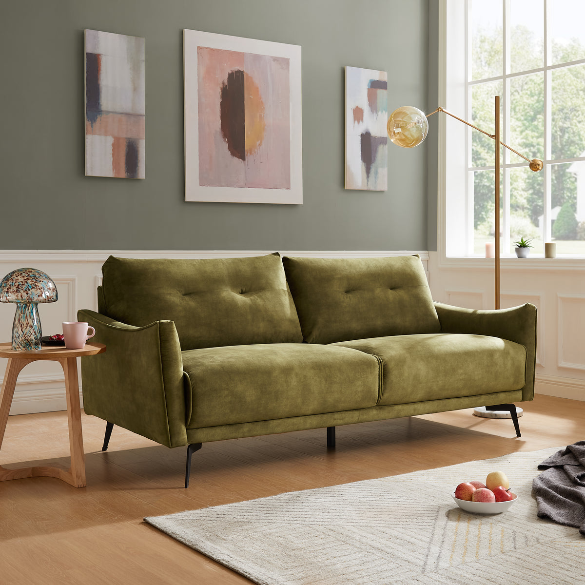 Kensington 3 Seater Sofa - Olive Green Velvet Fabric | Home Detail UK
