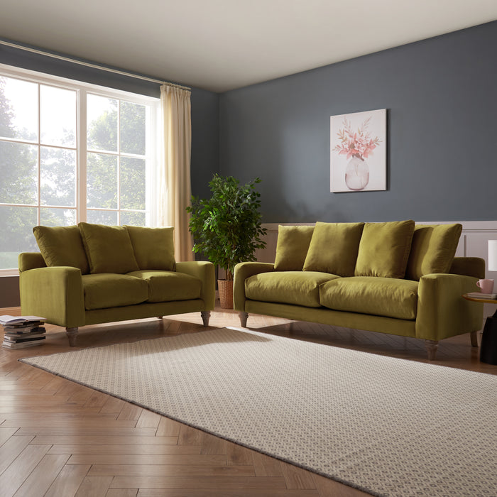 Covent 2+3 Seater Sofa Set With Scatter Back Cushions, Luxury Olive Green Velvet