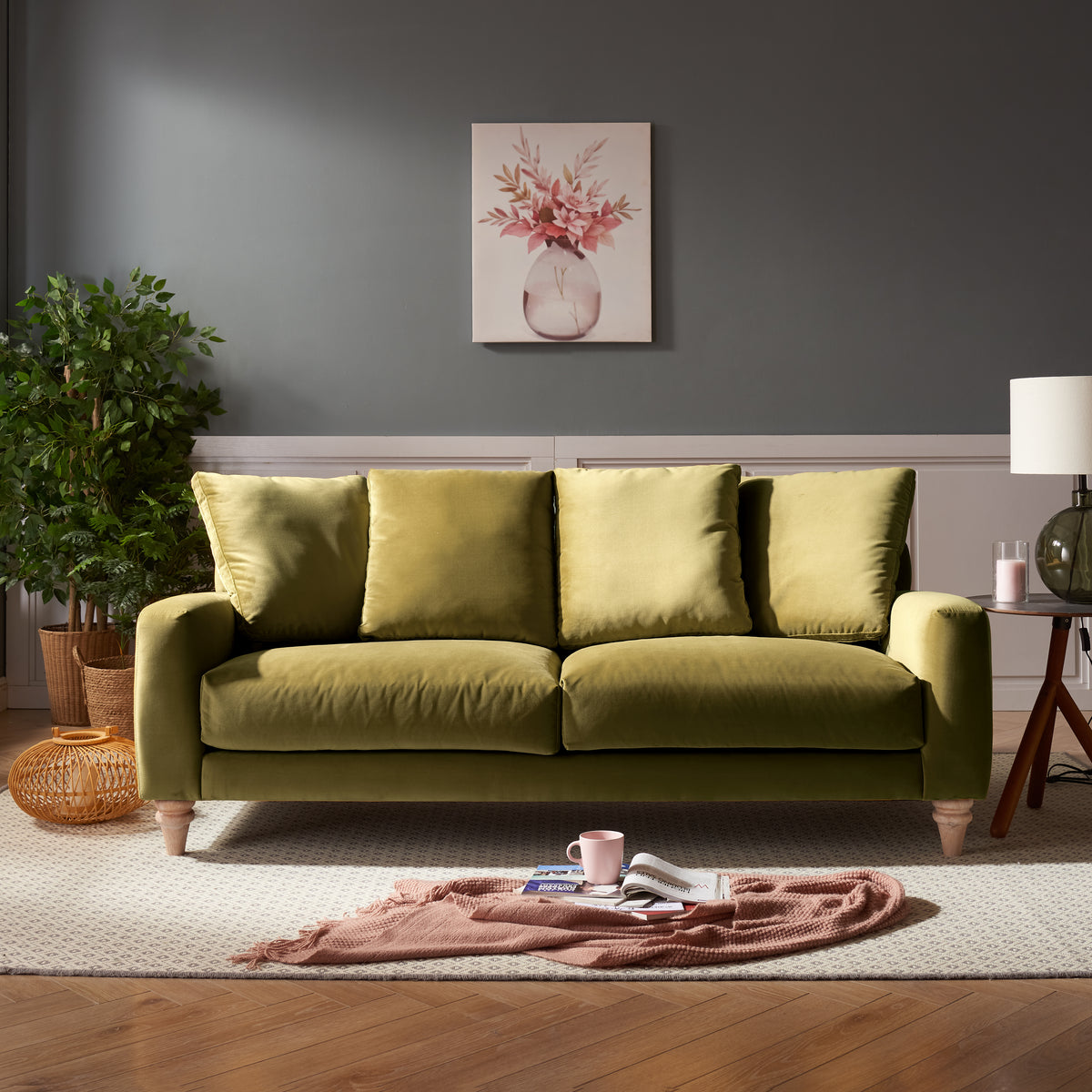 Covent Seater sofa Olive Green Velvet Home Detail UK