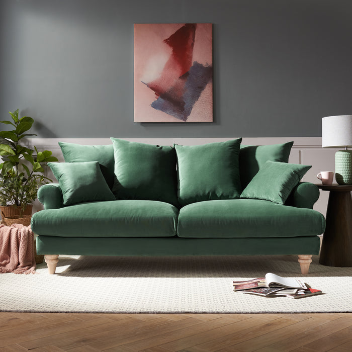 Churchill 3 Seater Sofa With Scatter Back Cushions, Luxury Dark Green Velvet