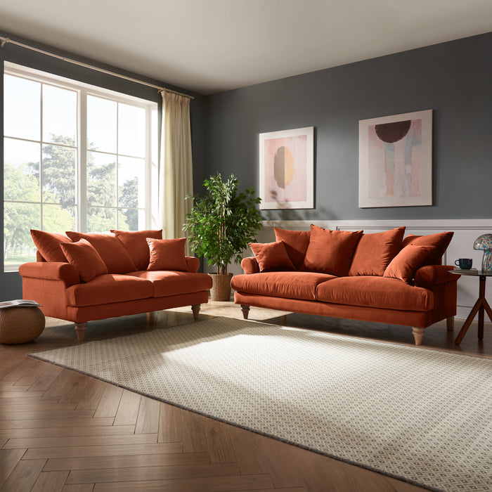 Churchill 2 Seater Sofa With Scatter Back Cushions, Luxury Burnt Orange Velvet